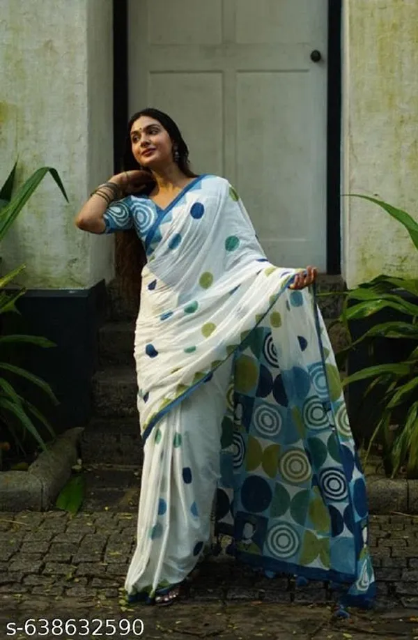 White__Linen_Cotton_Printed_Saree_For_Women_With_Contrast_Border_Lightweight_Daily_Casual_Wear_Saree_With_Blouse