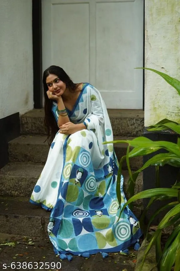 White__Linen_Cotton_Printed_Saree_For_Women_With_Contrast_Border_Lightweight_Daily_Casual_Wear_Saree_With_Blouse