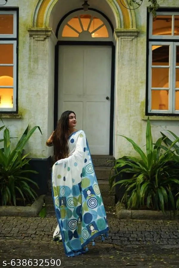White__Linen_Cotton_Printed_Saree_For_Women_With_Contrast_Border_Lightweight_Daily_Casual_Wear_Saree_With_Blouse