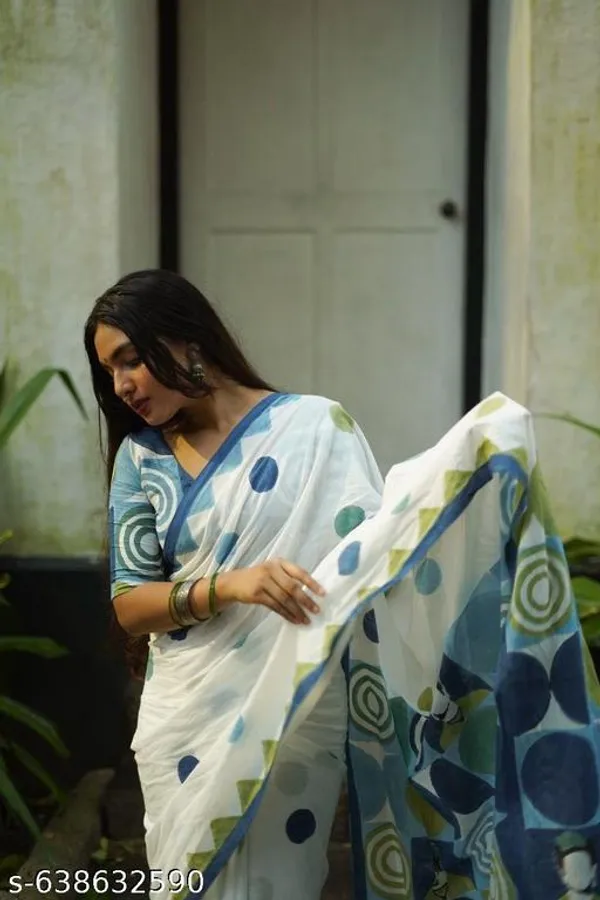 White__Linen_Cotton_Printed_Saree_For_Women_With_Contrast_Border_Lightweight_Daily_Casual_Wear_Saree_With_Blouse