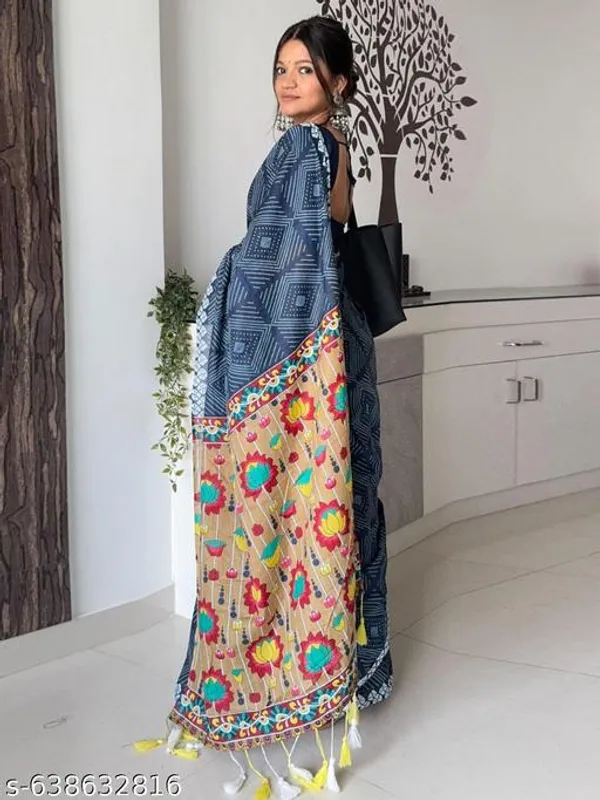 Blue_Navy_Blue_Linen_Cotton_Printed_Saree_For_Women_With_Multicolor_Pallu_Blouse_Lightweight_Daily_Casual_Wear_Saree