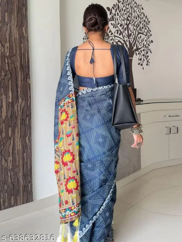 Blue_Navy_Blue_Linen_Cotton_Printed_Saree_For_Women_With_Multicolor_Pallu_Blouse_Lightweight_Daily_Casual_Wear_Saree
