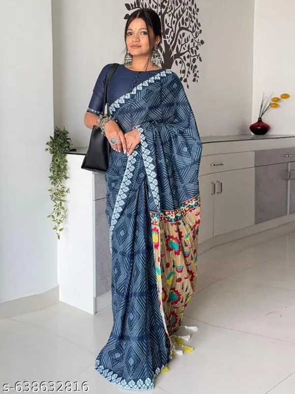 Blue_Navy_Blue_Linen_Cotton_Printed_Saree_For_Women_With_Multicolor_Pallu_Blouse_Lightweight_Daily_Casual_Wear_Saree
