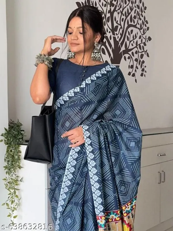 Blue_Navy_Blue_Linen_Cotton_Printed_Saree_For_Women_With_Multicolor_Pallu_Blouse_Lightweight_Daily_Casual_Wear_Saree