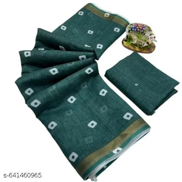 Green_Premium_Linen_Saree_For_Women_With_Zari_Border_Soft_Cotton_Linen_Saree_With_Blouse_Lightweight_Daily_Wear_Office_Wear_Saree_Printed_Traditional_Saree_New_Arrival_Collection