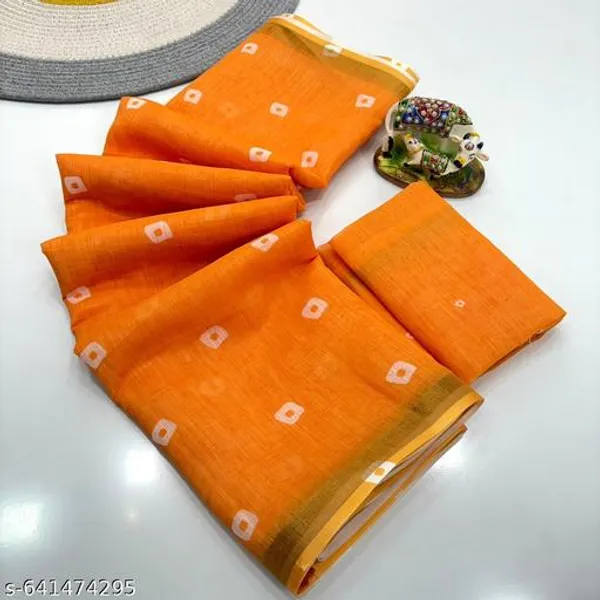 Orange_Soft_Linen_Saree_For_Women_With_Zari_Border_Orange_Printed_Cotton_Linen_Saree_With_Blouse_Lightweight_Daily_Wear_Office_Wear_Saree_Traditional_Printed_Saree_New_Arrival_Collection