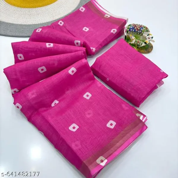 Pink_Soft_Linen_Saree_For_Women_With_Zari_Border_Pink_Printed_Cotton_Linen_Saree_With_Blouse_Lightweight_Daily_Office_Wear_Saree_Bandhani_Pallu_Saree_New_Arrival_Collection
