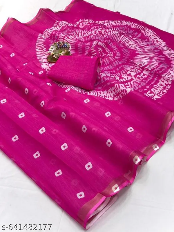 Pink_Soft_Linen_Saree_For_Women_With_Zari_Border_Pink_Printed_Cotton_Linen_Saree_With_Blouse_Lightweight_Daily_Office_Wear_Saree_Bandhani_Pallu_Saree_New_Arrival_Collection