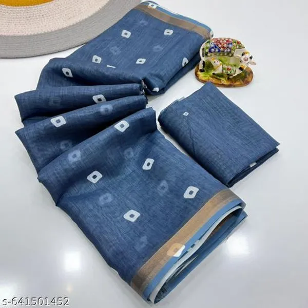 Blue_Soft_Linen_Saree_For_Women_With_Zari_Border_Blue_Printed_Cotton_Linen_Saree_With_Blouse_Lightweight_Daily_Wear_Office_Saree_Traditional_Printed_Saree_New_Arrival_Collection