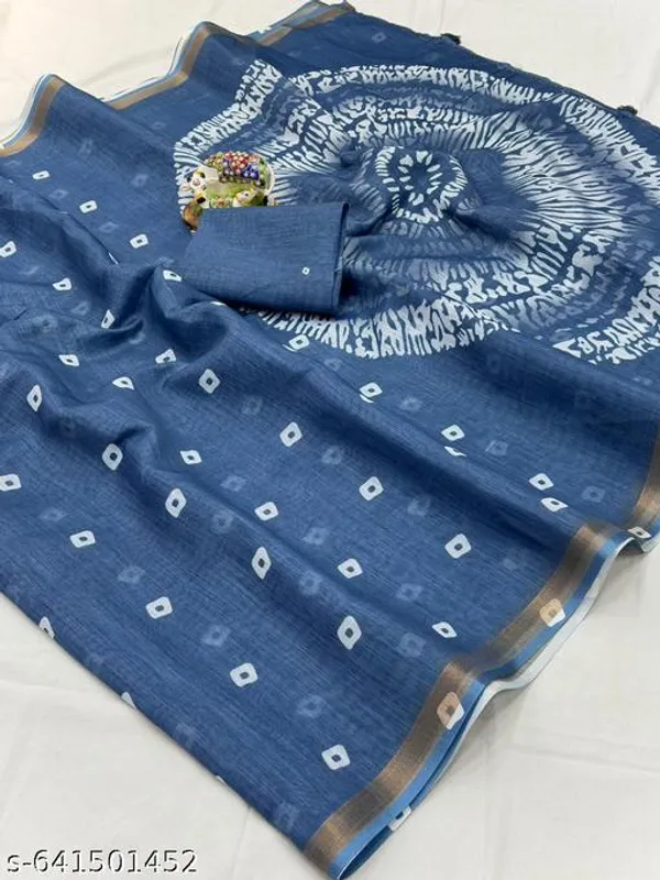 Blue_Soft_Linen_Saree_For_Women_With_Zari_Border_Blue_Printed_Cotton_Linen_Saree_With_Blouse_Lightweight_Daily_Wear_Office_Saree_Traditional_Printed_Saree_New_Arrival_Collection