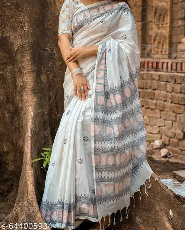 White_Soft_Linen_Saree_For_Women_White_Printed_Linen_Saree_With_Tassels_Matching_Blouse_Lightweight_Daily_Festive_Wear_Saree_Ethnic_Collection