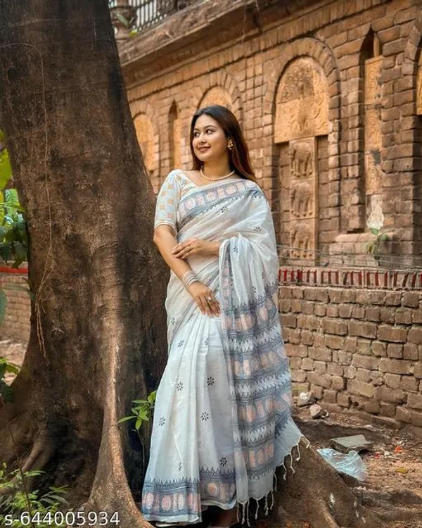 White_Soft_Linen_Saree_For_Women_White_Printed_Linen_Saree_With_Tassels_Matching_Blouse_Lightweight_Daily_Festive_Wear_Saree_Ethnic_Collection