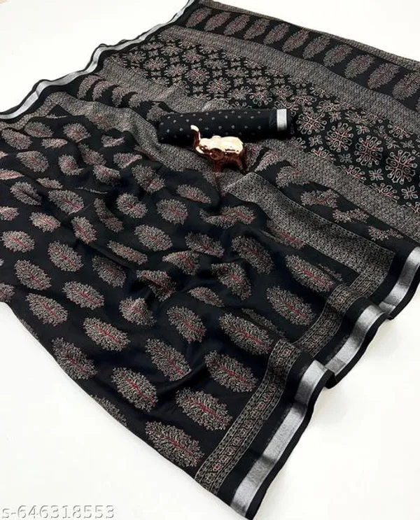 Black_Cotton_Blend_Ajrakh_Saree_For_Women_Printed_Saree_With_Silver_Zari_Border_Lightweight_Office_Daily_Wear_Saree_New_Ethnic_Festive_Collection