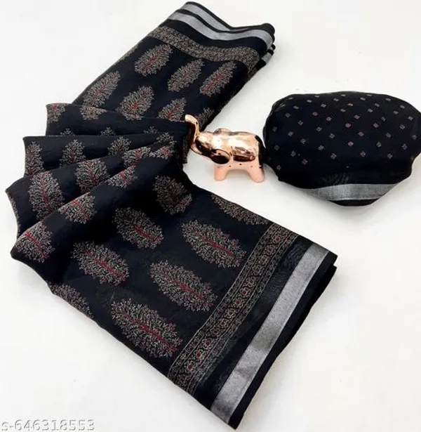 Black_Cotton_Blend_Ajrakh_Saree_For_Women_Printed_Saree_With_Silver_Zari_Border_Lightweight_Office_Daily_Wear_Saree_New_Ethnic_Festive_Collection
