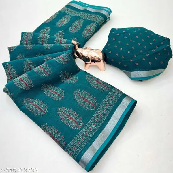Green_Cotton_Blend_Saree_For_Women_Traditional_Ajrakh_Printed_Saree_With_Silver_Border_Soft_Lightweight_Office_Daily_Use_Saree_New_Arrival_Collection