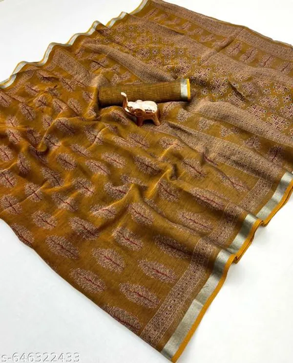 Mustard_Ajrakh_Saree_For_Women_Cotton_Blend_Printed_Saree_With_Silver_Border_Soft_Lightweight_Daily_Office_Wear_Saree_Stylish_Festive_Collection