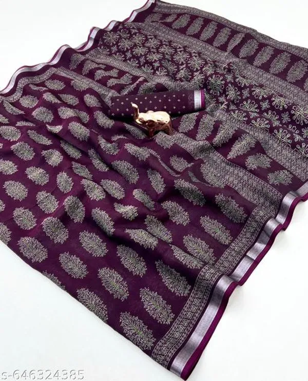 Wine_Cotton_Blend_Saree_For_Women_Ajrakh_Printed_Saree_With_Silver_Zari_Border_Lightweight_Traditional_Daily_Office_Wear_Saree_New_Festive_Collection