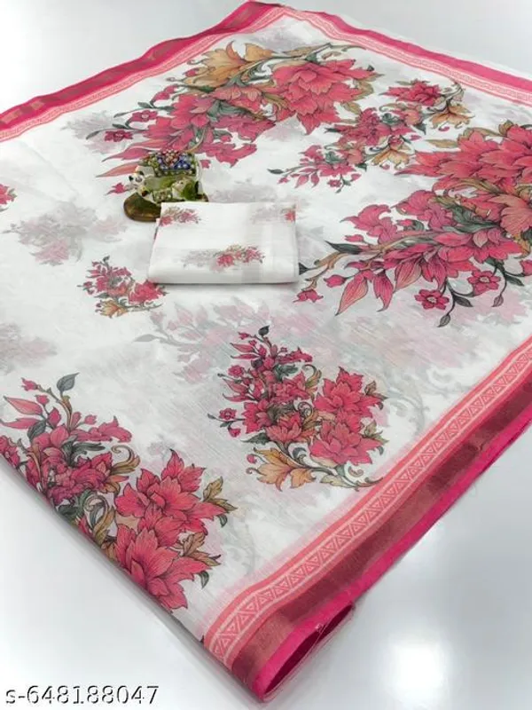 White_Linen_Saree_For_Women_With_Floral_Print_Lightweight_Soft_Linen_Saree_With_Blouse_Daily_Wear_Festive_Wear_Designer_Printed_Saree_New_Arrival_Border_Saree