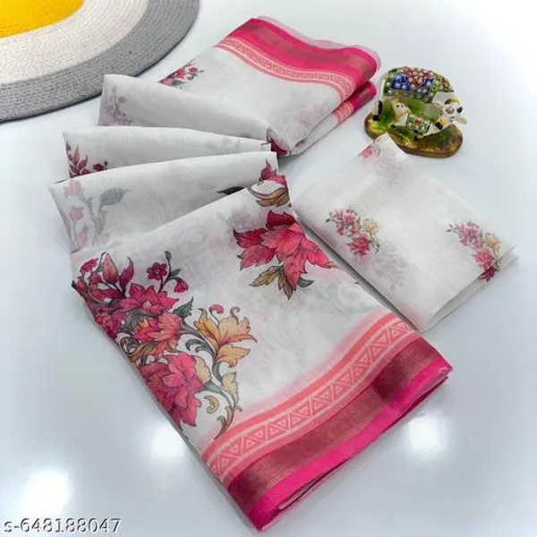 White_Linen_Saree_For_Women_With_Floral_Print_Lightweight_Soft_Linen_Saree_With_Blouse_Daily_Wear_Festive_Wear_Designer_Printed_Saree_New_Arrival_Border_Saree