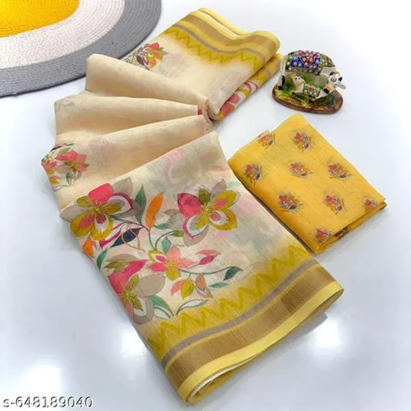White_Cream_Linen_Floral_Printed_Saree_With_Yellow_Border_Soft_Lightweight_Saree_With_Matching_Blouse_Daily_Wear_Festive_Wear_Floral_Saree