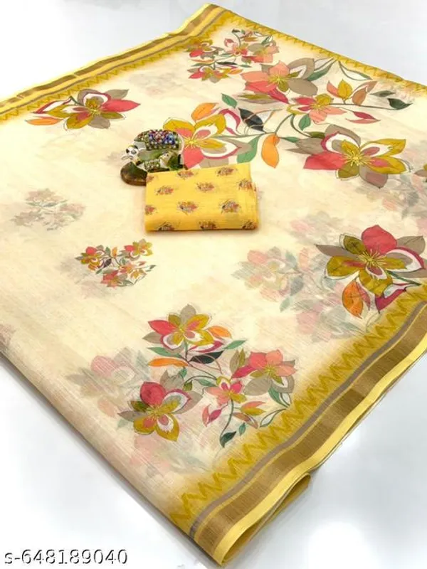 White_Cream_Linen_Floral_Printed_Saree_With_Yellow_Border_Soft_Lightweight_Saree_With_Matching_Blouse_Daily_Wear_Festive_Wear_Floral_Saree