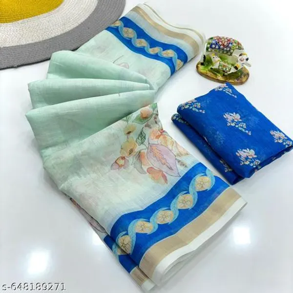 Sky_Blue_Light_Green_Linen_Floral_Printed_Saree_With_Blue_Border_Soft_Lightweight_Saree_With_Matching_Blouse_Daily_Wear_Festive_Floral_Saree