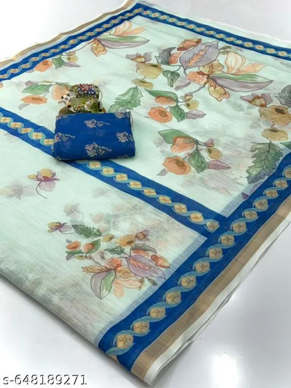 Sky_Blue_Light_Green_Linen_Floral_Printed_Saree_With_Blue_Border_Soft_Lightweight_Saree_With_Matching_Blouse_Daily_Wear_Festive_Floral_Saree