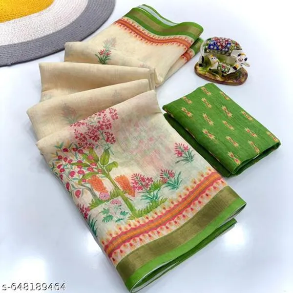 White_Cream_Linen_Floral_Printed_Saree_With_Green_Border_Soft_Lightweight_Saree_With_Matching_Blouse_Daily_Wear_Festive_Floral_Saree