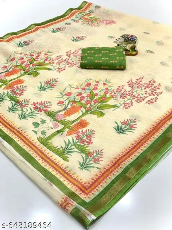 White_Cream_Linen_Floral_Printed_Saree_With_Green_Border_Soft_Lightweight_Saree_With_Matching_Blouse_Daily_Wear_Festive_Floral_Saree
