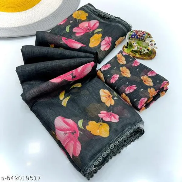 Black_Linen_Floral_Printed_Saree_With_Matching_Blouse_Soft_Lightweight_Saree_With_Lace_Border_Daily_Wear_Festive_Floral_Saree