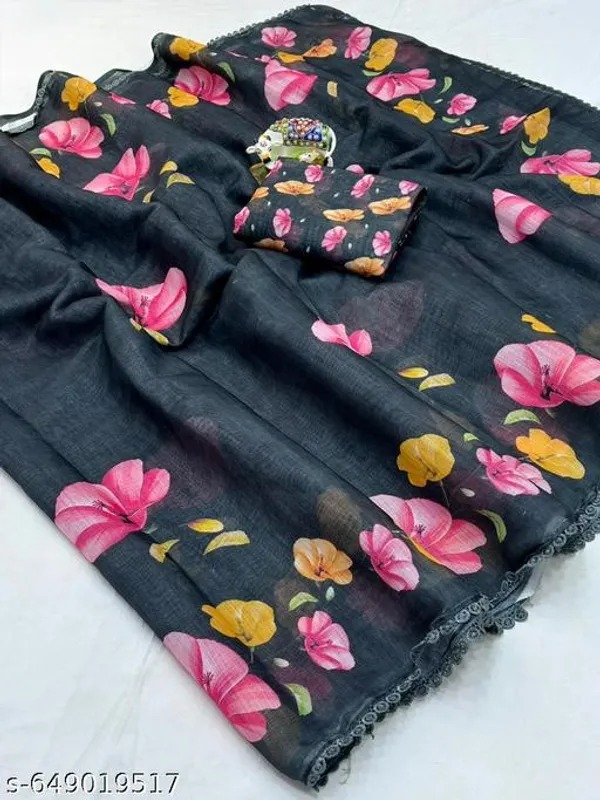 Black_Linen_Floral_Printed_Saree_With_Matching_Blouse_Soft_Lightweight_Saree_With_Lace_Border_Daily_Wear_Festive_Floral_Saree