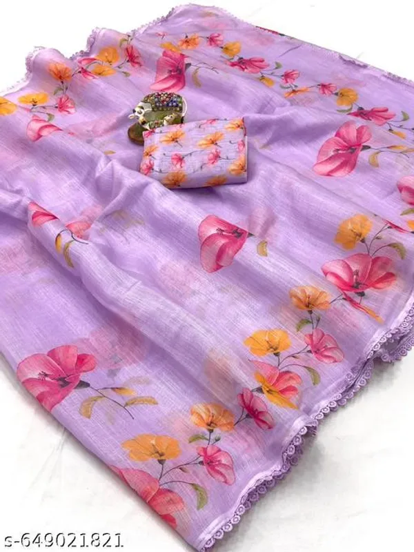 Purple_Lavender_Linen_Floral_Printed_Saree_With_Matching_Blouse_Soft_Lightweight_Saree_With_Lace_Border_Ideal_For_Daily_Festive_Wear