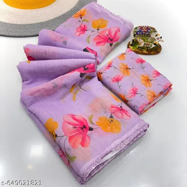 Purple_Lavender_Linen_Floral_Printed_Saree_With_Matching_Blouse_Soft_Lightweight_Saree_With_Lace_Border_Ideal_For_Daily_Festive_Wear