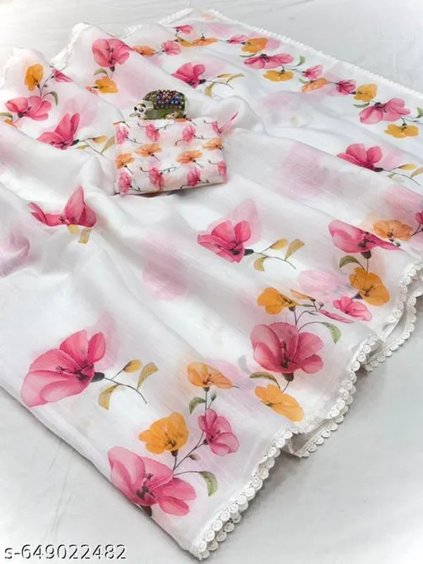 White_Linen_Floral_Printed_Saree_With_Matching_Blouse_Soft_Lightweight_Saree_With_Lace_Border_Suitable_For_Daily_Festive_Wear