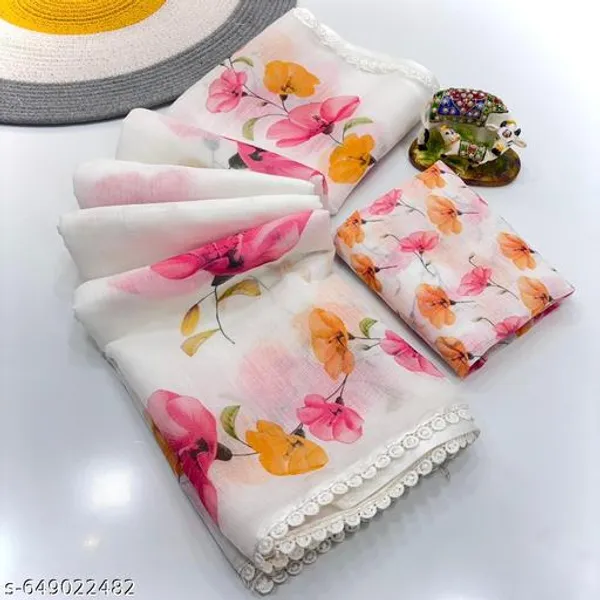 White_Linen_Floral_Printed_Saree_With_Matching_Blouse_Soft_Lightweight_Saree_With_Lace_Border_Suitable_For_Daily_Festive_Wear