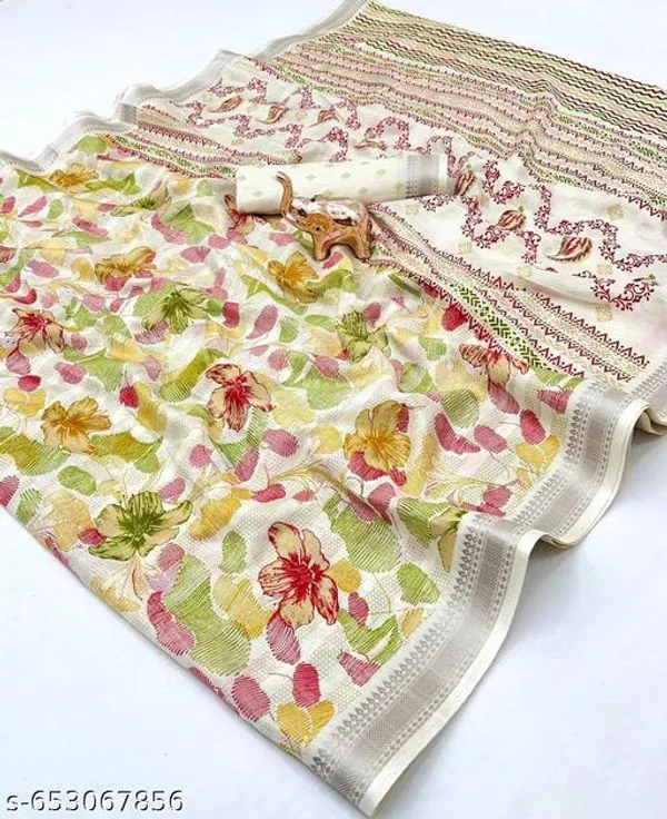 White_Tamanna_Cream_Floral_Print_Blend_Cotton_Saree_With_Contrast_Woven_Border_Blouse_Lightweight_Daily_Wear_Saree_For_Women_New_Printed_Saree_Collection