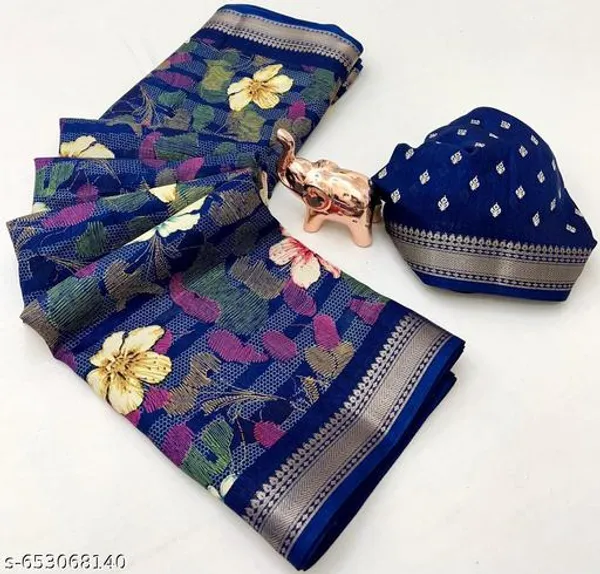 Multicolor_Tamanna_Blue_Floral_Print_Blend_Cotton_Saree_With_Zari_Border_Blouse_Piece_Lightweight_Daily_Wear_Printed_Saree_For_Women_New_Designer_Collection