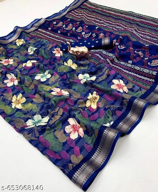Multicolor_Tamanna_Blue_Floral_Print_Blend_Cotton_Saree_With_Zari_Border_Blouse_Piece_Lightweight_Daily_Wear_Printed_Saree_For_Women_New_Designer_Collection