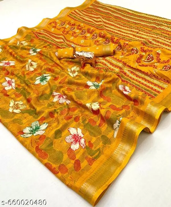 Yellow_Tamanna_Mustard_Yellow_Blend_Cotton_Printed_Saree_For_Women_With_Zari_Border_Designer_Saree_With_Blouse_Lightweight_Daily_Office_Party_Festive_Wear