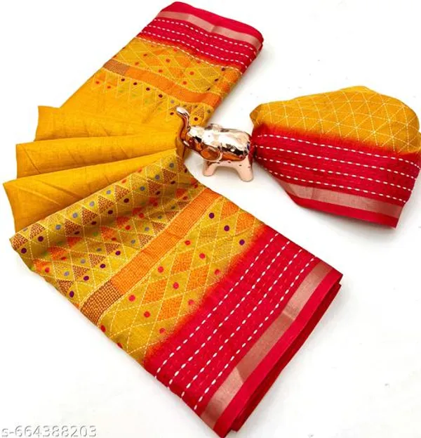 Yellow_Designer_Printed_Saree_For_Women_With_Blouse_Binny_Crape_Saree_With_Katha_Work_Zari_Border_Lightweight_Party_Festive_Office_Wear_Saree