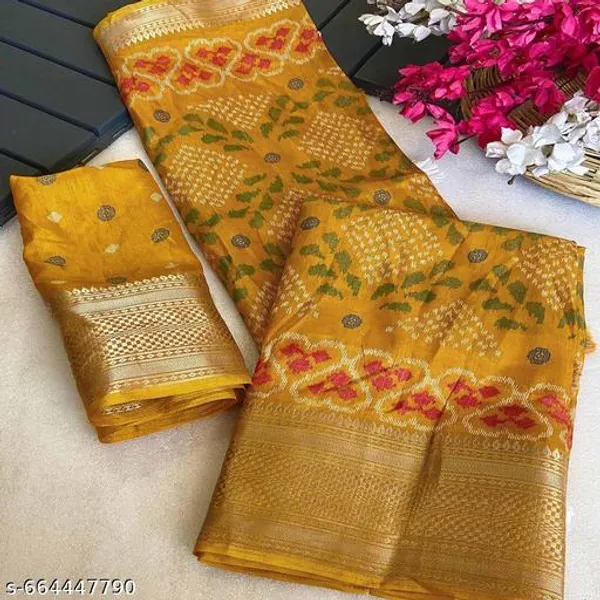 Yellow_Soft_Cotton_Muslin_Saree_For_Women_With_Blouse_Printed_Saree_With_Zari_Border_Tassels_Lightweight_Daily_Festive_Office_Wear_Saree