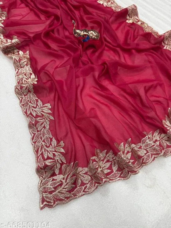 Red_Designer_Star_Georgette_Saree_For_Women_With_Blouse_Wine_Embroidered_Saree_With_Zari_Cut_Work_Border_Party_Festive_Wedding_Wear_Saree