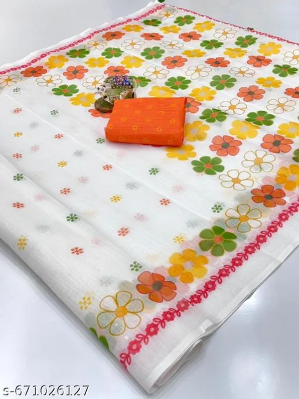 White_Linen_Saree_For_Women_With_Blouse_White_Floral_Printed_Saree_With_Contrast_Border_Lightweight_Daily_Wear_Office_Summer_Party_Wear_Saree