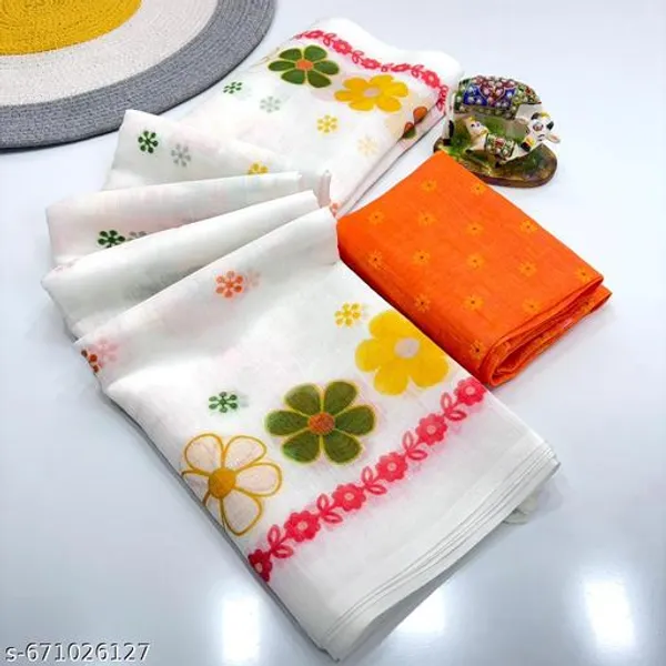 White_Linen_Saree_For_Women_With_Blouse_White_Floral_Printed_Saree_With_Contrast_Border_Lightweight_Daily_Wear_Office_Summer_Party_Wear_Saree