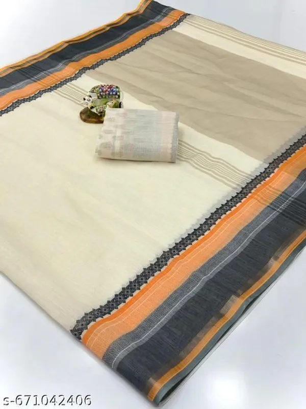 White_Elegant_Linen_Saree_For_Women_With_Contrast_Border_Lightweight_Cotton_Linen_Saree_With_Blouse_Office_Wear_Daily_Wear_Festive_Saree