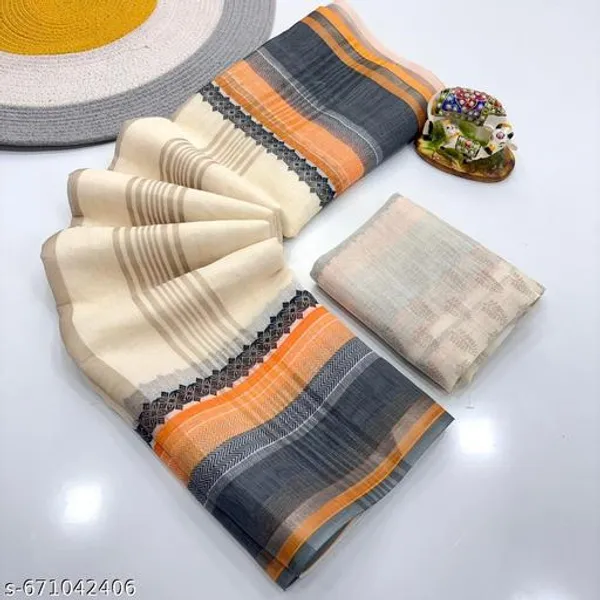 White_Elegant_Linen_Saree_For_Women_With_Contrast_Border_Lightweight_Cotton_Linen_Saree_With_Blouse_Office_Wear_Daily_Wear_Festive_Saree