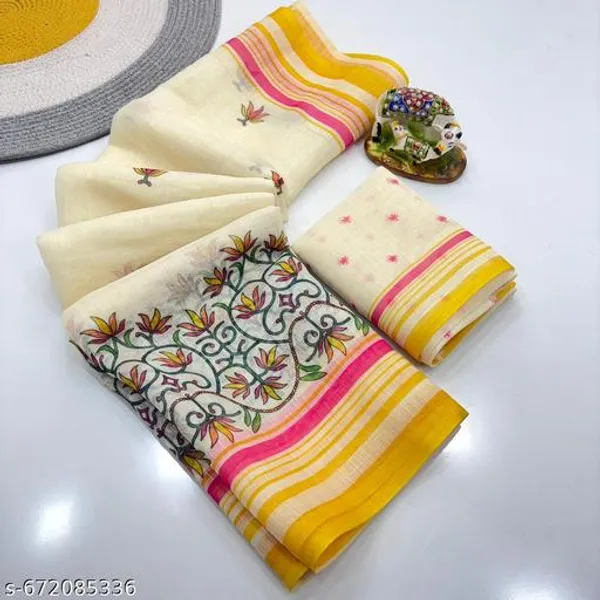 White_Premium_Linen_Saree_For_Women_With_Floral_Print_Contrast_Border_Lightweight_Printed_Linen_Saree_With_Blouse_Office_Wear_Daily_Wear_Festive_Saree