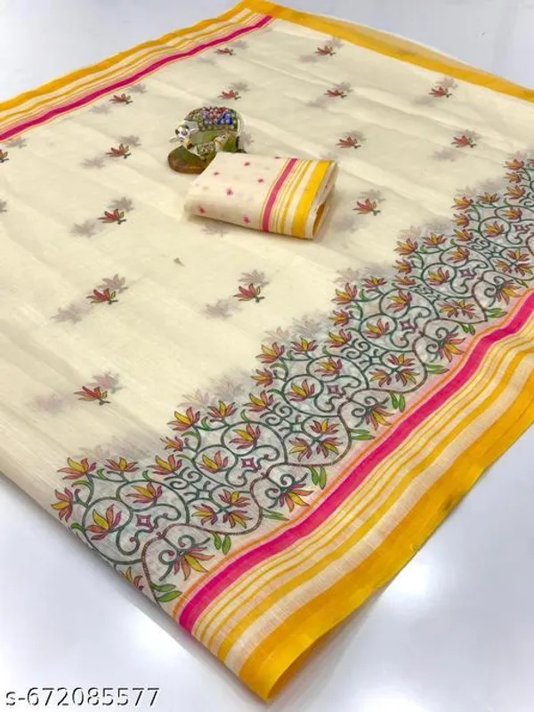 White_Premium_Linen_Saree_For_Women_With_Floral_Print_Contrast_Border_Lightweight_Printed_Linen_Saree_With_Blouse_Office_Wear_Daily_Wear_Festive_Saree