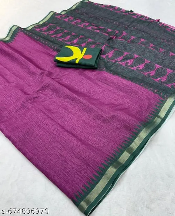 Purple_Linen_Saree_With_Stylish_Printed_Pallu_Contrast_Border_Soft_Lightweight_Linen_Saree_With_Blouse_Piece