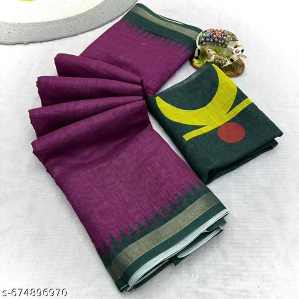 Purple_Linen_Saree_With_Stylish_Printed_Pallu_Contrast_Border_Soft_Lightweight_Linen_Saree_With_Blouse_Piece